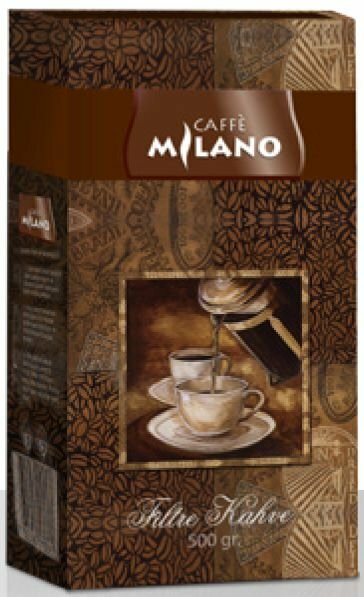 МИЛАНО кофе (Фильтр - кофе  это фильтрованный кофе, в котором при достаточно высоком уровне содержания кофеина практически отсутствуют не усваиваемые вещества, что делает его менее вредным. Предназначен для заварки в капельной кофеварке) пакет 500 гр